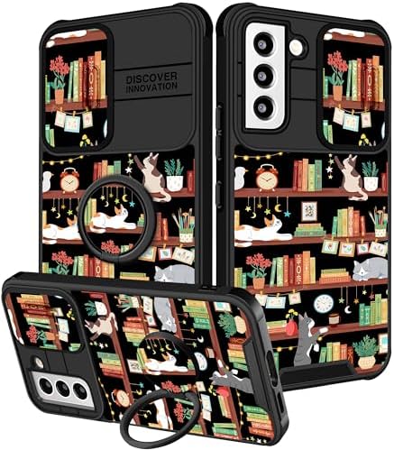 for Samsung Galaxy S21 FE 5G Case – Women Girls Cute Phone Cover Cat Kawaii Girly Bookshelf Cartoon Design with Camera Cover Ring Stand Teens Funda for Samsung S21FE Cases 6.4”